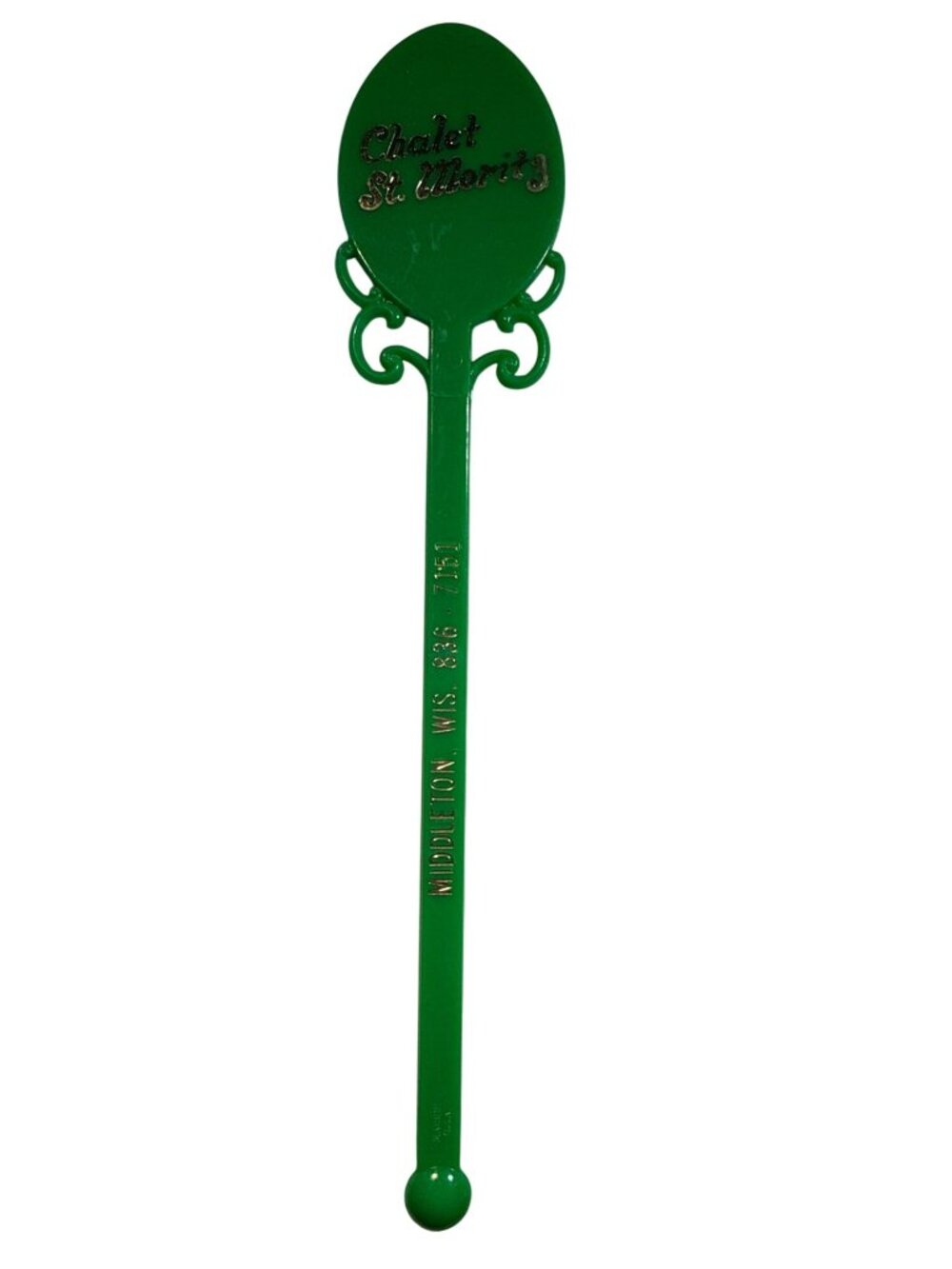 Chalet St Moritz Middleton WI Swizzle Stick Green Plastic Stir Stick Souvenir